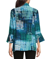 Ali Miles Knit Mesh Abstract Print Stand Collar 3/4 Sleeve Button-Front Jacket