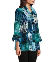 Ali Miles Knit Mesh Abstract Print Stand Collar 3/4 Sleeve Button-Front Jacket