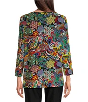 Ali Miles Knit Mesh Retro Floral Print Scoop Neck Long Sleeve Pullover Top