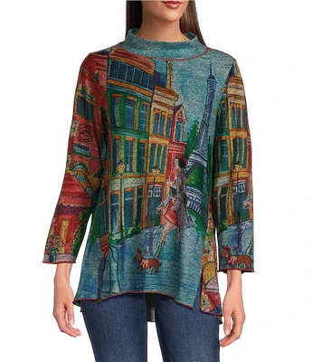 Ali Miles Knit Novelty Print Mock Neck 3/4 Sleeve Hi-Low Hem Tunic