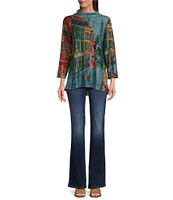 Ali Miles Knit Novelty Print Mock Neck 3/4 Sleeve Hi-Low Hem Tunic