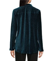 Ali Miles Knit Pleated Velour Point Collar Long Sleeve Button Front Shirt