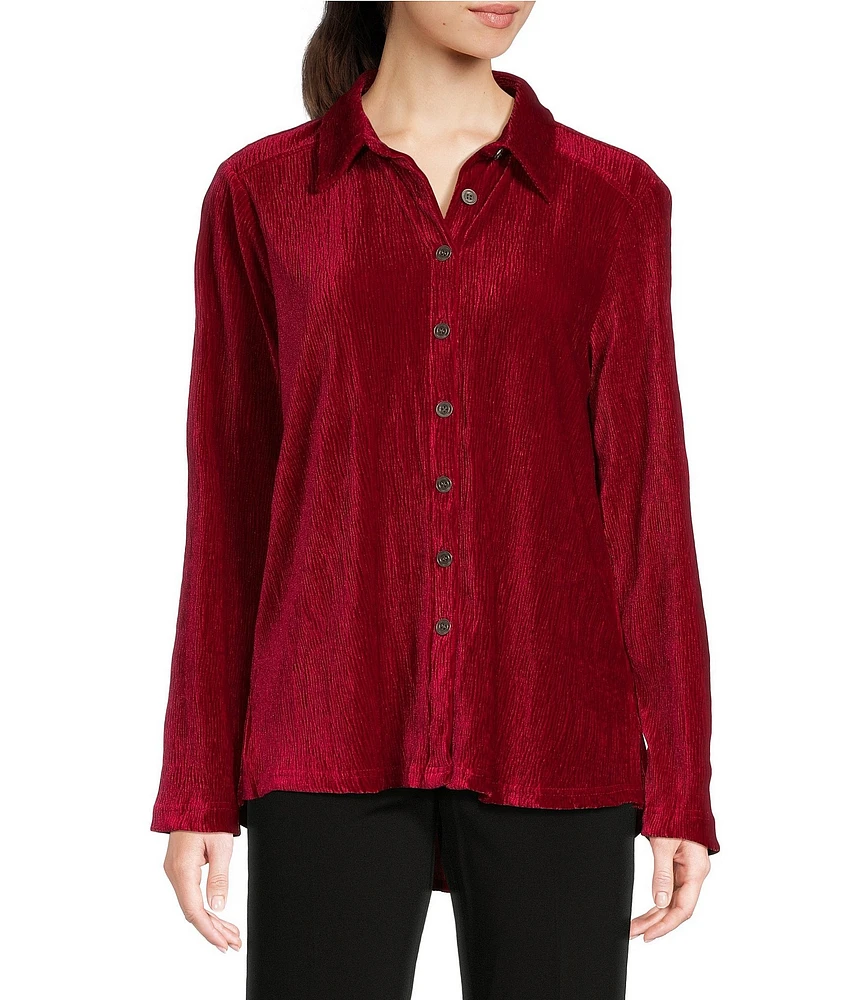 Ali Miles Knit Pleated Velour Point Collar Long Sleeve Button Front Shirt