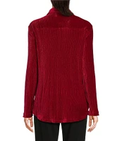 Ali Miles Knit Pleated Velour Point Collar Long Sleeve Button Front Shirt