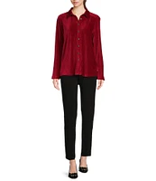 Ali Miles Knit Pleated Velour Point Collar Long Sleeve Button Front Shirt