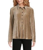 Ali Miles Knit Pleated Velour Point Collar Long Sleeve Button Front Shirt