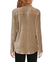 Ali Miles Knit Pleated Velour Point Collar Long Sleeve Button Front Shirt