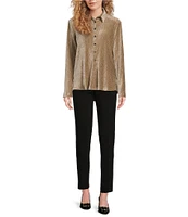 Ali Miles Knit Pleated Velour Point Collar Long Sleeve Button Front Shirt