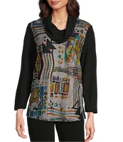 Ali Miles Knit Print Cowl Neck 3/4 Sleeve Tunic