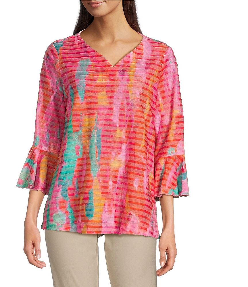 Ali Miles Knit Printed V-Neck 3/4 Bell Cuff Sleeve Tunic