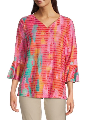 Ali Miles Knit Printed V-Neck 3/4 Bell Cuff Sleeve Tunic