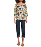 Ali Miles Knit Printed V-Neckline 3/4 Sleeve Top