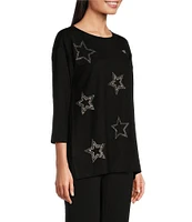 Ali Miles Knit Stretch Star Print 3/4 Sleeve Sweater