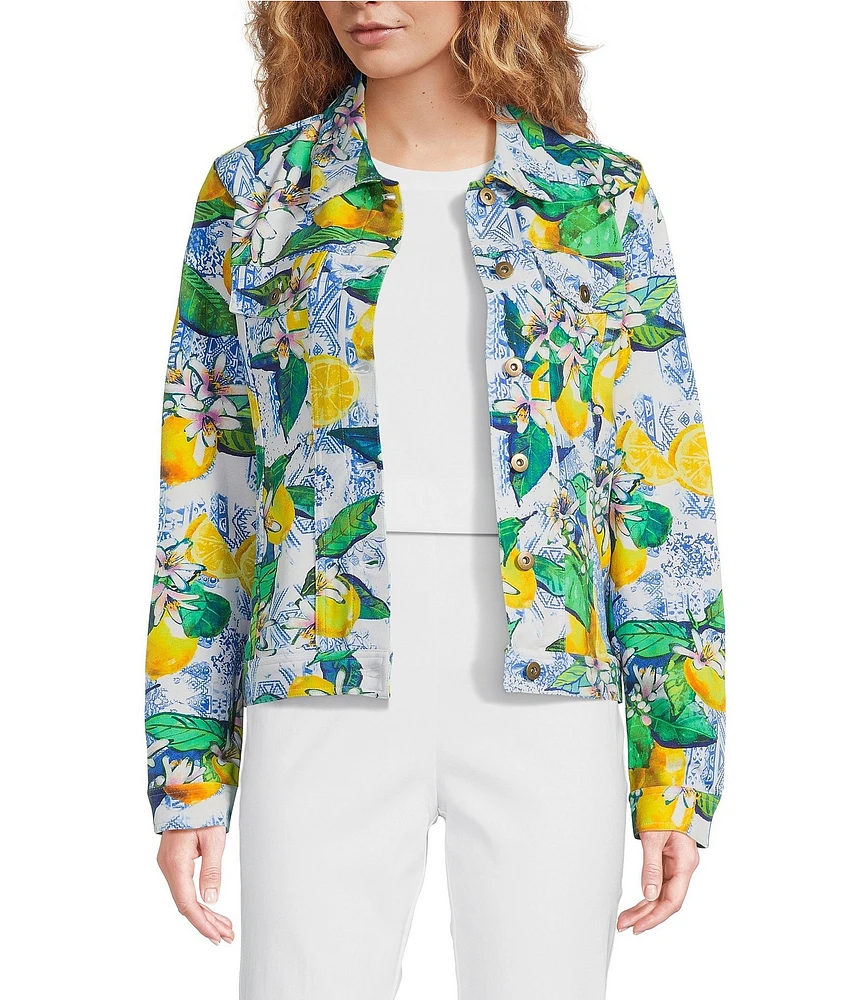 Ali Miles Lemon Fruit Print Point Collar Button Front Jacket