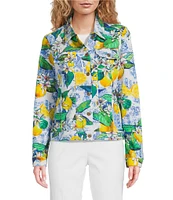 Ali Miles Lemon Fruit Print Point Collar Button Front Jacket