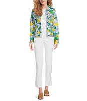 Ali Miles Lemon Fruit Print Point Collar Button Front Jacket