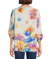 Ali Miles Linen Blend Multi Floral Round Neck High-Low Hem 3/4 Dolman Roll-Tab Sleeve Tunic