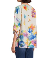 Ali Miles Linen Blend Multi Floral Round Neck High-Low Hem 3/4 Dolman Roll-Tab Sleeve Tunic