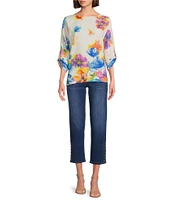 Ali Miles Linen Blend Multi Floral Round Neck High-Low Hem 3/4 Dolman Roll-Tab Sleeve Tunic