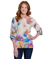 Ali Miles Linen Blend Multi Floral Round Neck High-Low Hem 3/4 Dolman Roll-Tab Sleeve Tunic