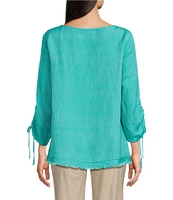 Ali Miles Linen Blend Solid Round Neck 3/4 Cinched Tie Sleeve Tunic