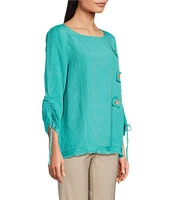 Ali Miles Linen Blend Solid Round Neck 3/4 Cinched Tie Sleeve Tunic