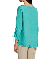 Ali Miles Linen Blend Solid Round Neck 3/4 Cinched Tie Sleeve Tunic