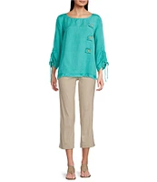 Ali Miles Linen Blend Solid Round Neck 3/4 Cinched Tie Sleeve Tunic
