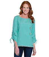 Ali Miles Linen Blend Solid Round Neck 3/4 Cinched Tie Sleeve Tunic
