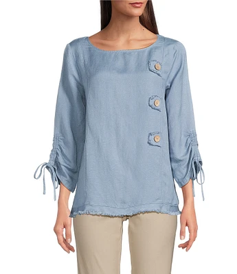 Ali Miles Linen Blend Solid Round Neck 3/4 Cinched Tie Sleeve Tunic