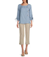Ali Miles Linen Blend Solid Round Neck 3/4 Cinched Tie Sleeve Tunic
