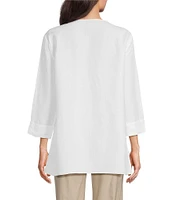 Ali Miles Linen Blend V-Neck 3/4 Sleeve Asymmetrical Button Detail Tunic
