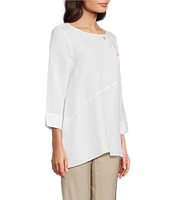 Ali Miles Linen Blend V-Neck 3/4 Sleeve Asymmetrical Button Detail Tunic