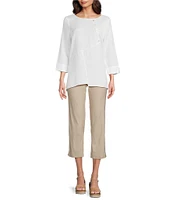 Ali Miles Linen Blend V-Neck 3/4 Sleeve Asymmetrical Button Detail Tunic