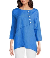 Ali Miles Linen Blend V-Neck 3/4 Sleeve Asymmetrical Button Detail Tunic