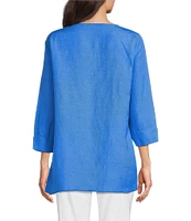 Ali Miles Linen Blend V-Neck 3/4 Sleeve Asymmetrical Button Detail Tunic