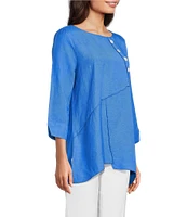 Ali Miles Linen Blend V-Neck 3/4 Sleeve Asymmetrical Button Detail Tunic