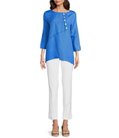 Ali Miles Linen Blend V-Neck 3/4 Sleeve Asymmetrical Button Detail Tunic