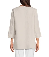 Ali Miles Linen Blend V-Neck 3/4 Sleeve Asymmetrical Button Detail Tunic