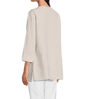 Ali Miles Linen Blend V-Neck 3/4 Sleeve Asymmetrical Button Detail Tunic