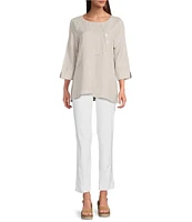 Ali Miles Linen Blend V-Neck 3/4 Sleeve Asymmetrical Button Detail Tunic