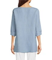 Ali Miles Linen Blend V-Neck 3/4 Sleeve Asymmetrical Button Detail Tunic