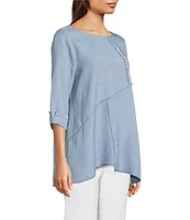Ali Miles Linen Blend V-Neck 3/4 Sleeve Asymmetrical Button Detail Tunic