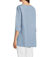 Ali Miles Linen Blend V-Neck 3/4 Sleeve Asymmetrical Button Detail Tunic