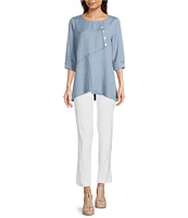 Ali Miles Linen Blend V-Neck 3/4 Sleeve Asymmetrical Button Detail Tunic