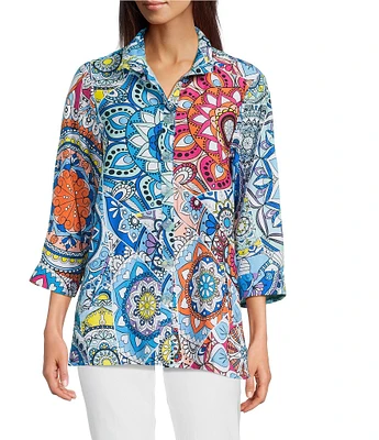 Ali Miles Medallion Print Wire Collar 3/4 Sleeves Button Front Tunic