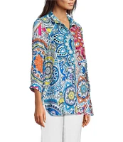 Ali Miles Medallion Print Wire Collar 3/4 Sleeves Button Front Tunic