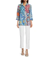 Ali Miles Medallion Print Wire Collar 3/4 Sleeves Button Front Tunic