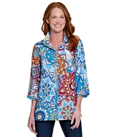 Ali Miles Medallion Print Wire Collar 3/4 Sleeves Button Front Tunic