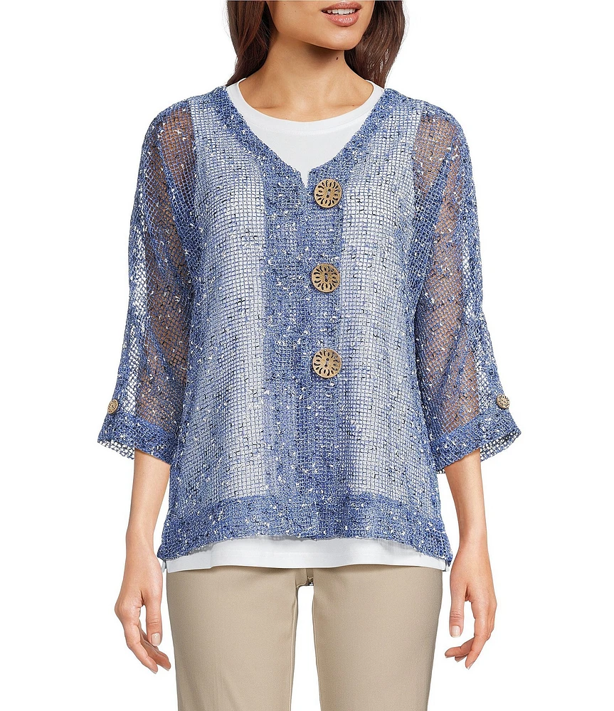 Ali Miles Mesh Woven V-Neck Elbow Sleeve Jacket